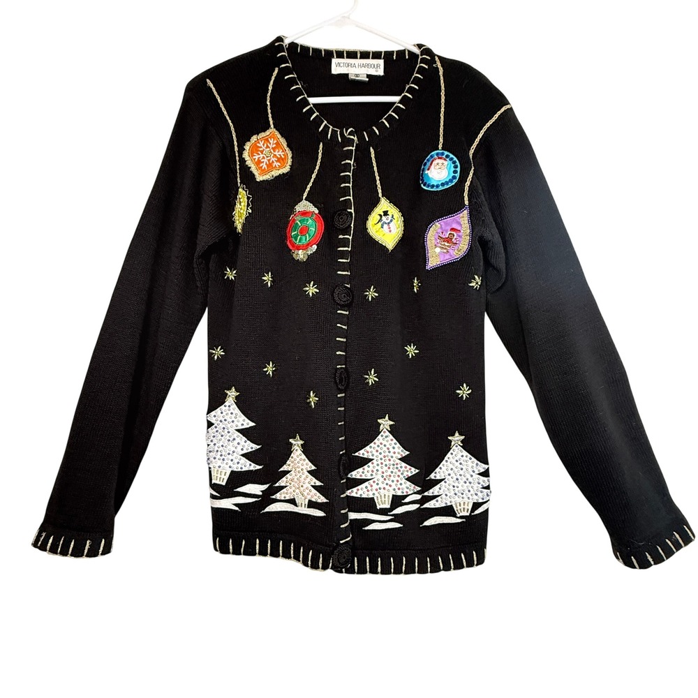 Victoria Harbour Christmas Cardigan Women S Black Excellent Beaded Sequin Trees